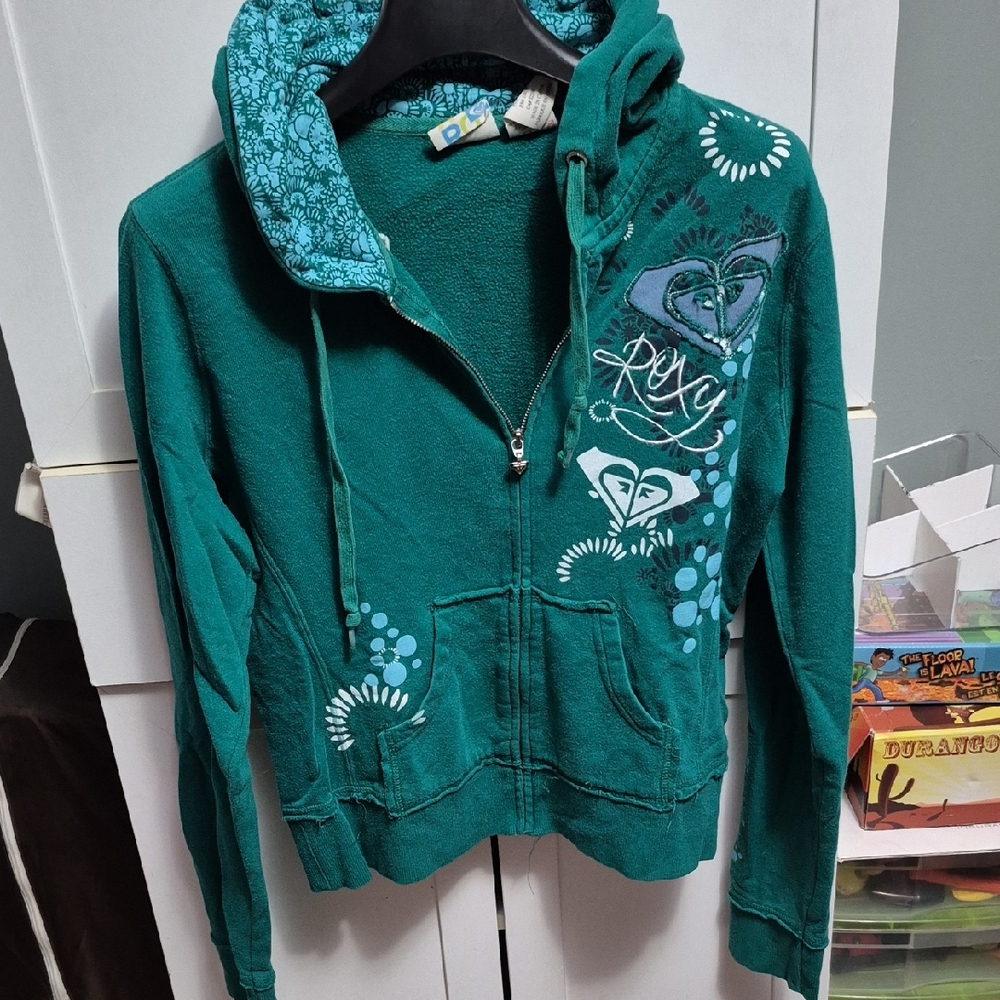 Roxy Teal Hoodie with Floral Design